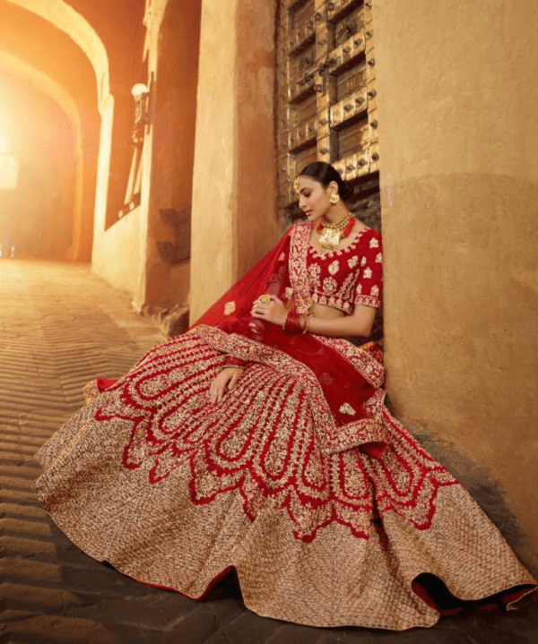 Red velvet and zari Lehenga