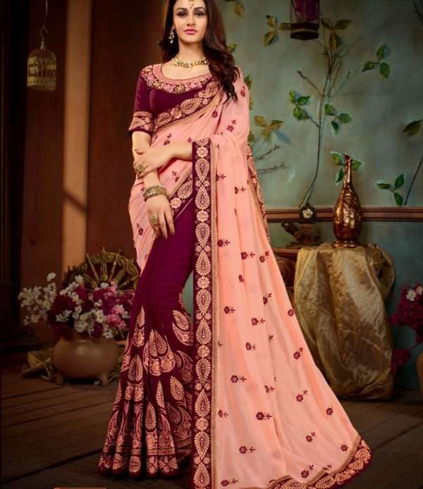 Wine Pink Chinon Silk Saree