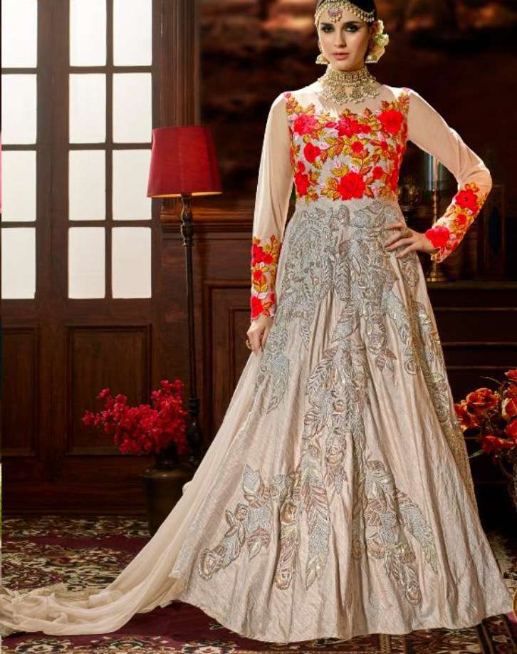 Designer Anarkali Suit in Silk and Red floral Motifs #CFW