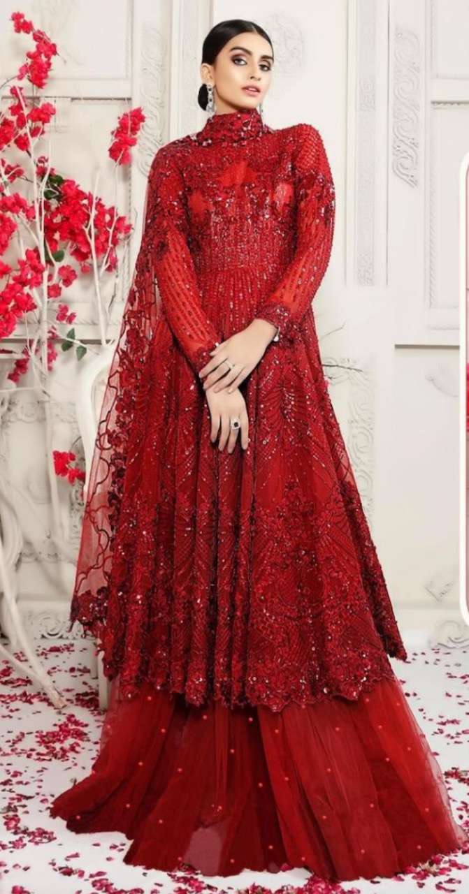 Red Net designer suit with Heavy Embroidered Motifs #CFW