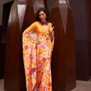 Yellow Satin Crepe Saree