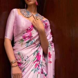 Pink Satin Crepe Saree