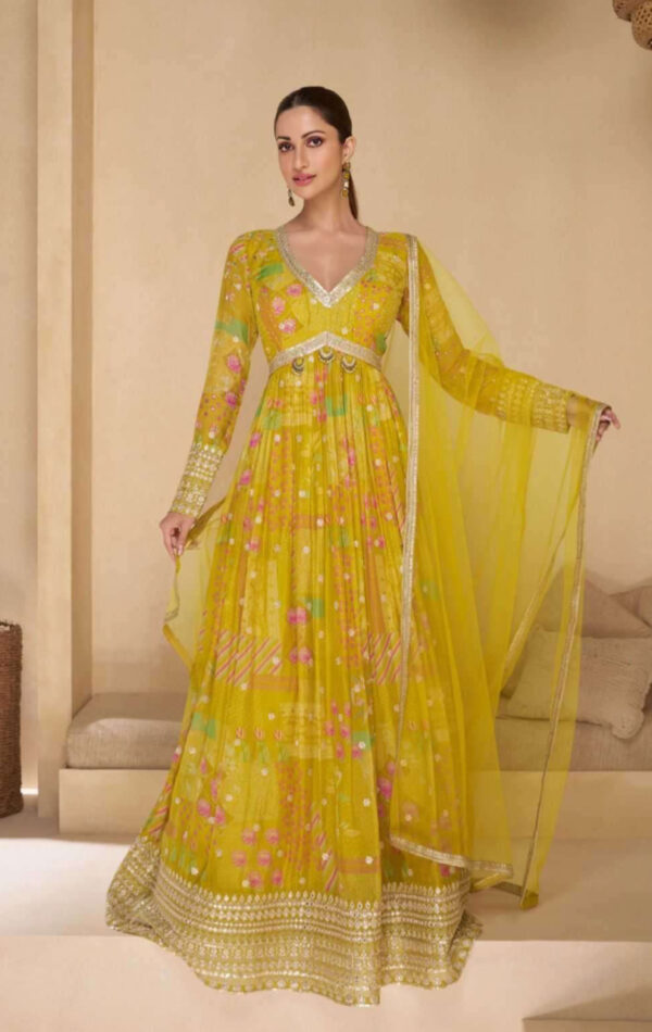 Elegant Yellow Fusion Gown Suit