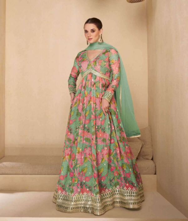 Charming Pista Green Fusion Gown Suit