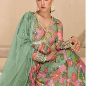 Charming Pista Green Fusion Gown Suit