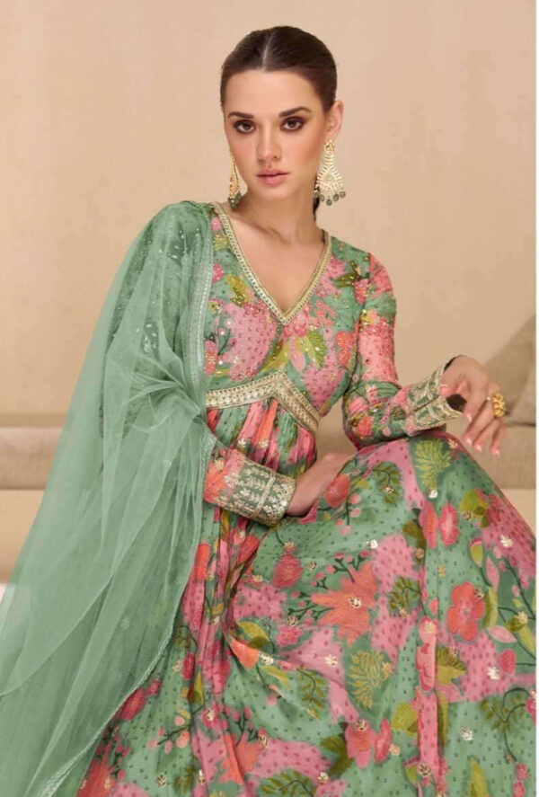 Charming Pista Green Fusion Gown Suit